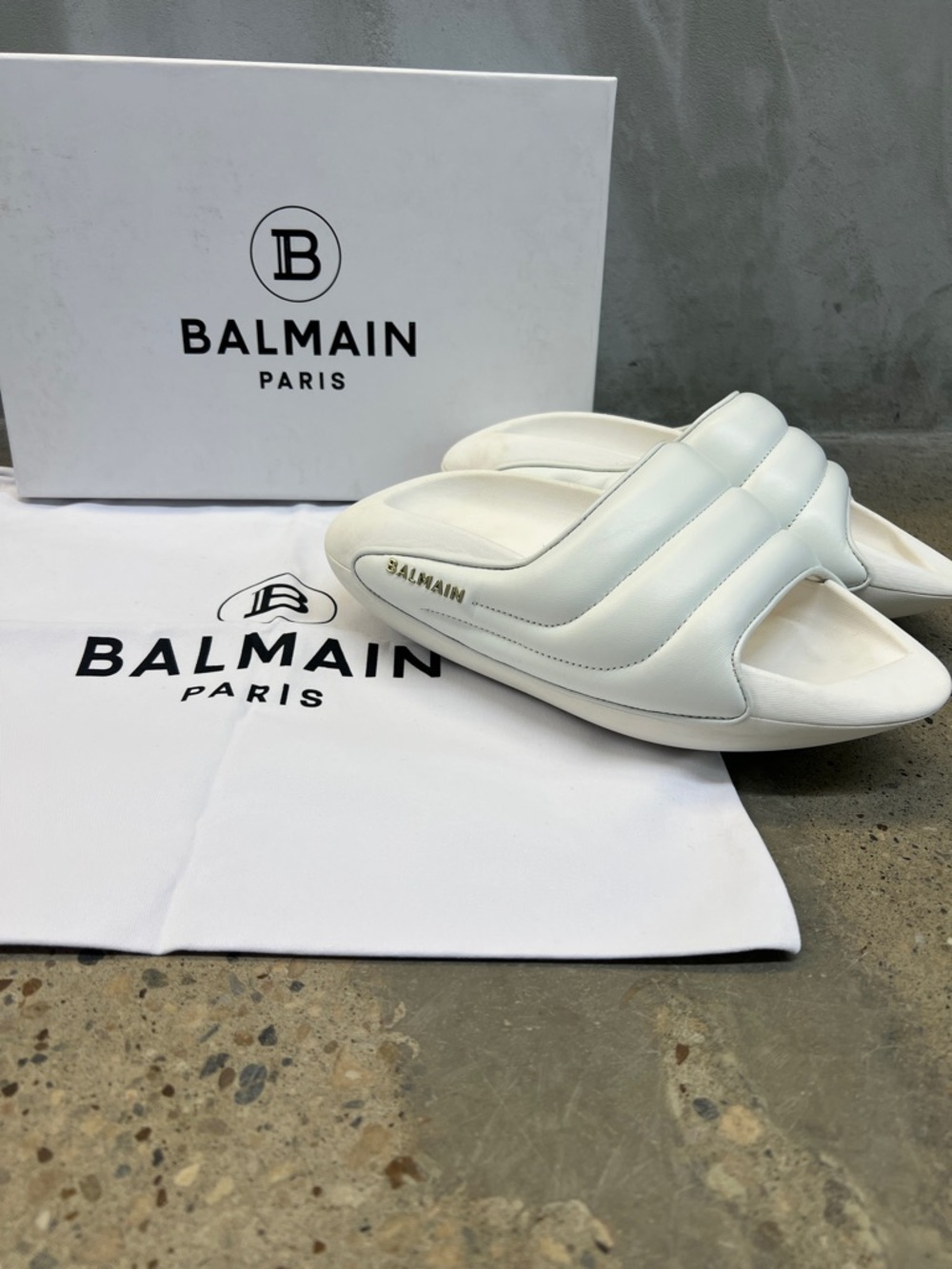Balmain White Padded Leather Slide Sandals
